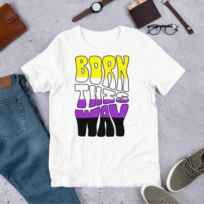 Born This Way Non-Binary Pride T-Shirt | Enby Flag Colours | Premium Eco Tee - Jessie's Art Shop