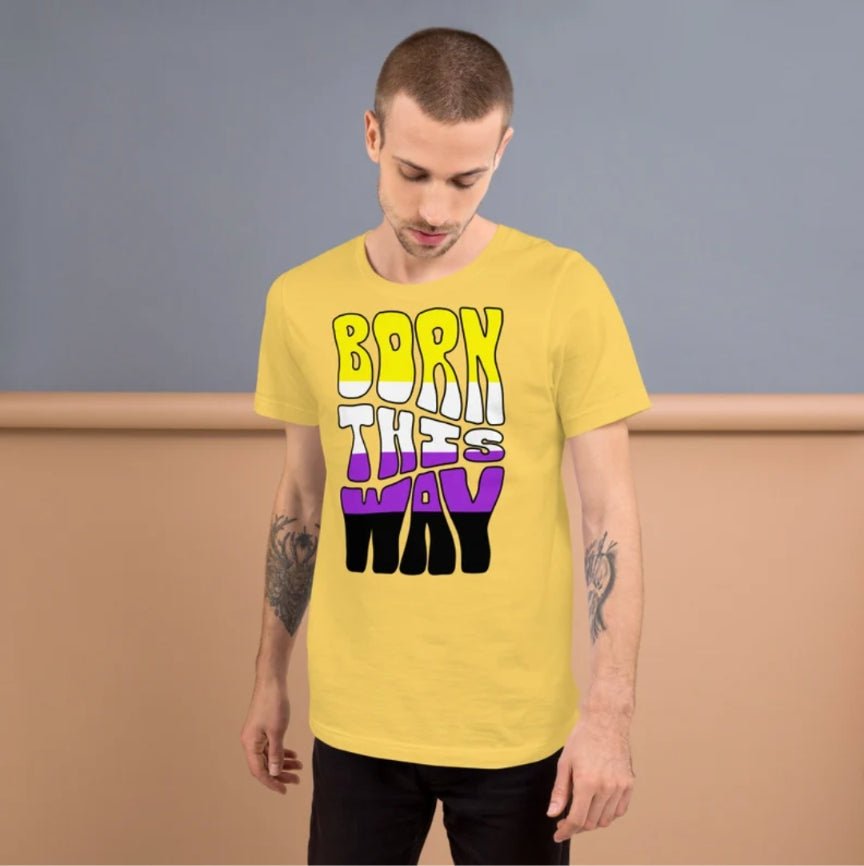 Born This Way Non-Binary Pride T-Shirt | Enby Flag Colours | Premium Eco Tee - Jessie's Art Shop