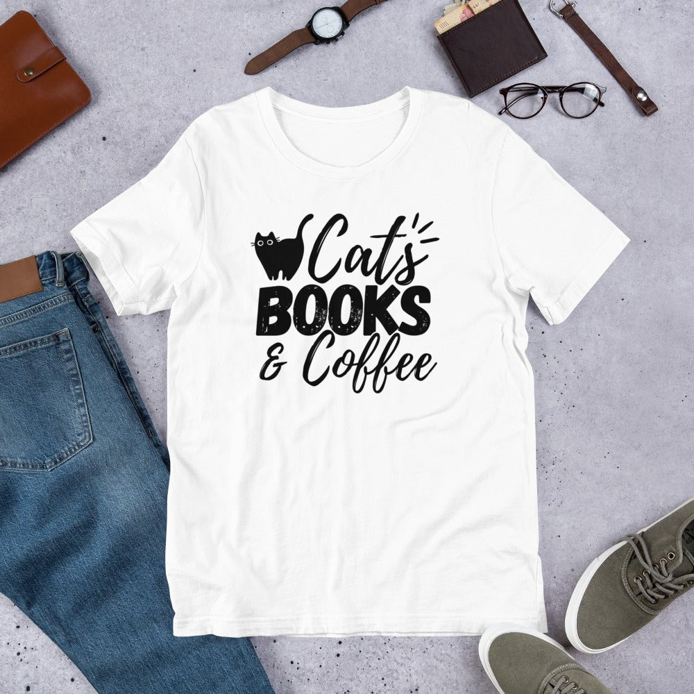 Cats books and coffee T-shirt | funny tee for cat coffee and book lovers