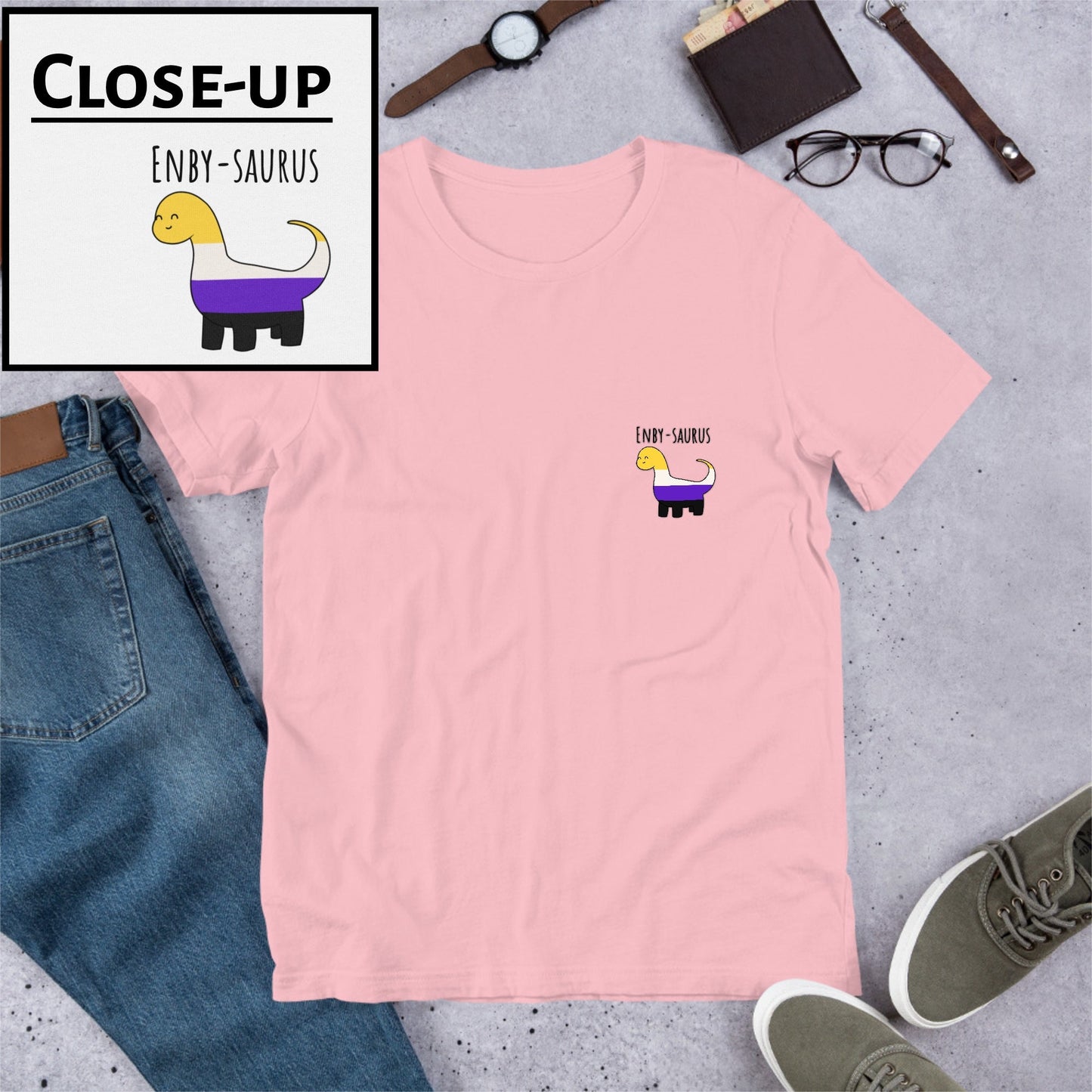 Enby-saurus Pride T-Shirt | Non-Binary Dinosaur | Premium Eco Tee - Jessie's Art Shop