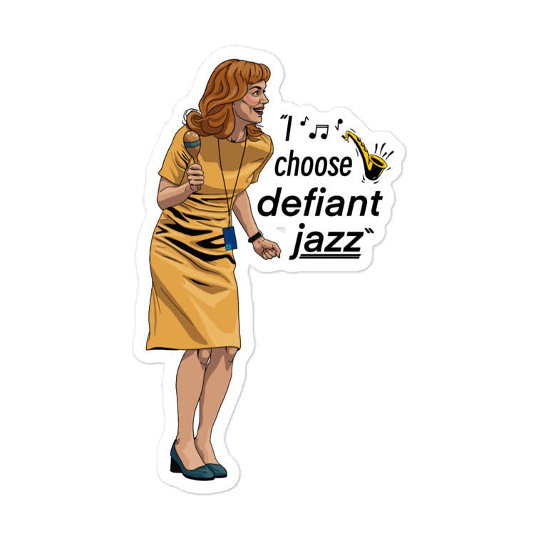 Helly R dancing in her yellow dress sticker from the music dance experience in Severance Season 1 after she picks the maraca and says I choose defiant jazz!