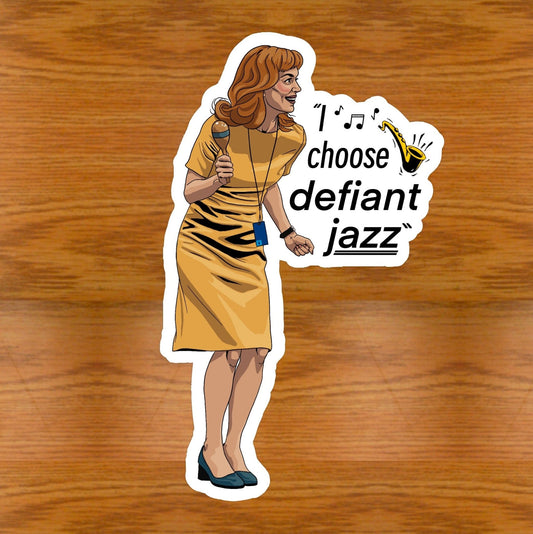 Helly R dancing in her yellow dress sticker from the music dance experience in Severance Season 1 after she picks the maraca and says I choose defiant jazz!