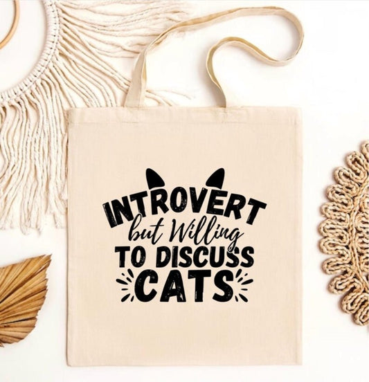 Introvert but willing to discuss cats tote bag | Eco friendly Canvas reusable shopping Bag - Jessie's Art Shop