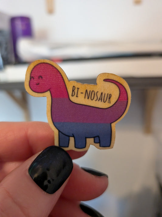 Binosaur Wooden Pin Brooch Badge
