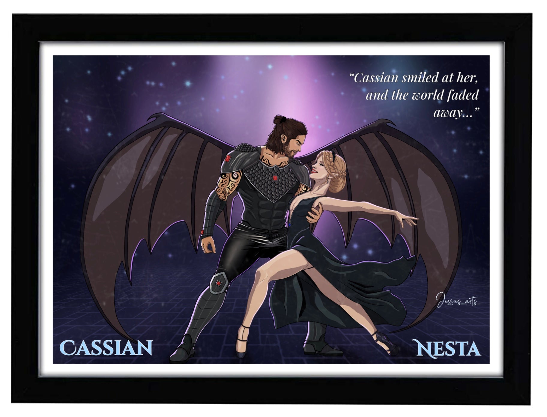 Cassian smiling at Nesta while they dance together in the court of nightmares aka hewn city. He wears his fighting leathers and armour, while she wears a black tiara with spikes and a black velvet dress with silver threading. Scene from ACOSF in the ACOTAR series. 