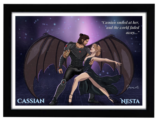 Cassian smiling at Nesta while they dance together in the court of nightmares aka hewn city. He wears his fighting leathers and armour, while she wears a black tiara with spikes and a black velvet dress with silver threading. Scene from ACOSF in the ACOTAR series. 