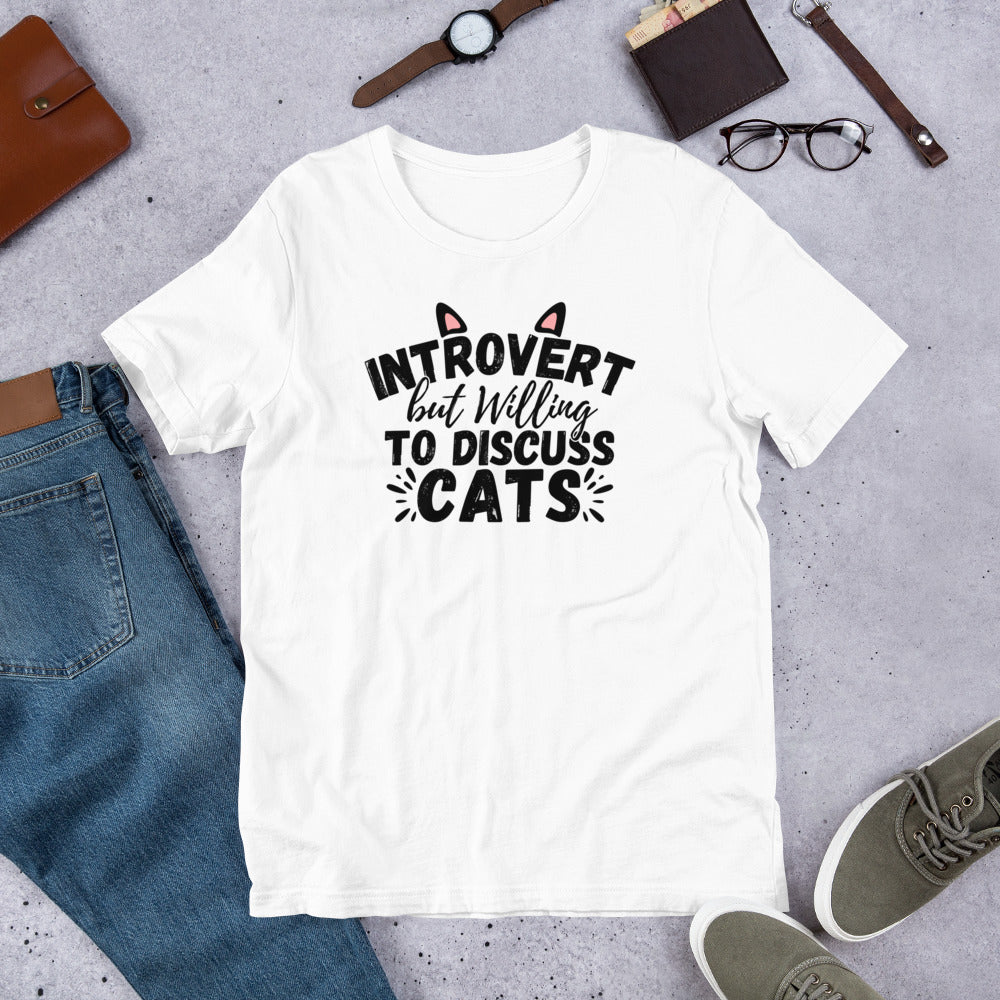 Funny cat T-shirt | introvert but willing to discuss cats | cat lady tee