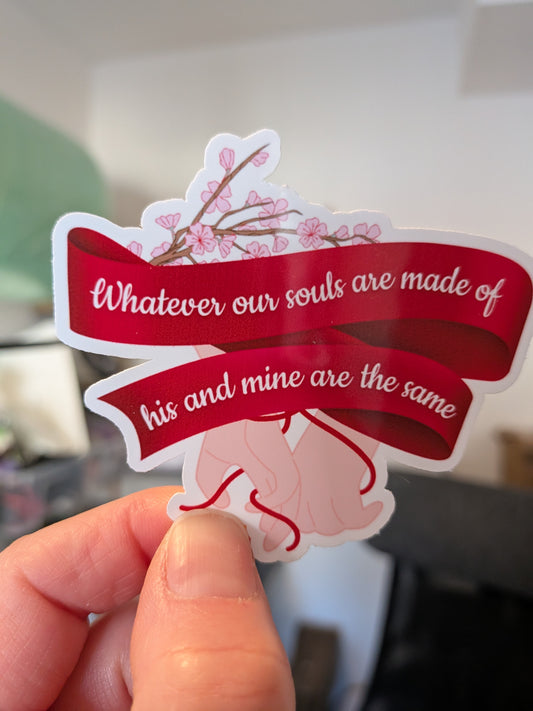 Wuthering Heights sticker | Heathcliff and Cathy quote ribbon | waterproof glossy vinyl. Red string of fate intertwined with two hands holding to represent Cathy and Heathcliffs love