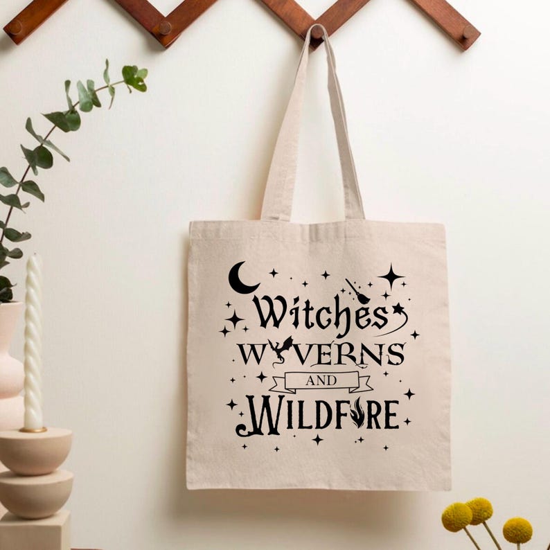Witches Wyverns and Wildfire tote bag | Eco friendly Canvas reusable shopping Bag | Halloween bag | Fantasy lovers