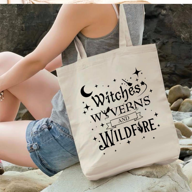 Witches Wyverns and Wildfire tote bag | Eco friendly Canvas reusable shopping Bag | Halloween bag | Fantasy lovers