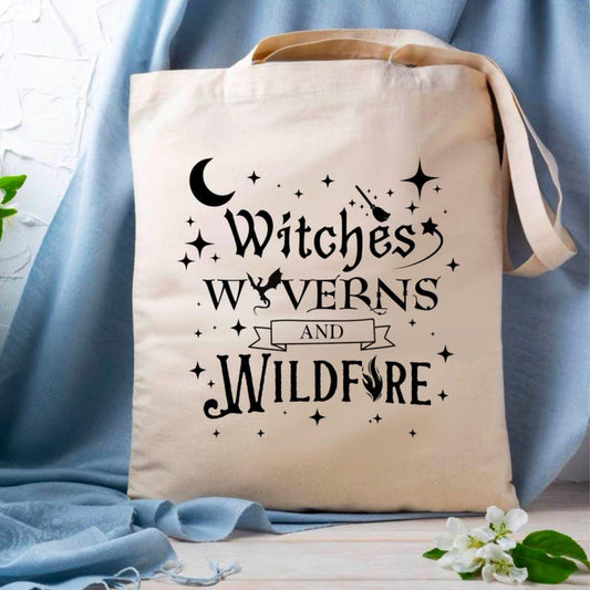 Witches Wyverns and Wildfire tote bag | Eco friendly Canvas reusable shopping Bag | Halloween bag | Fantasy lovers