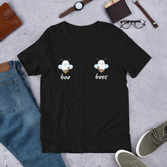 Funny t-shirt design featuring two cute bees dressed as ghosts with 'boo bees' text