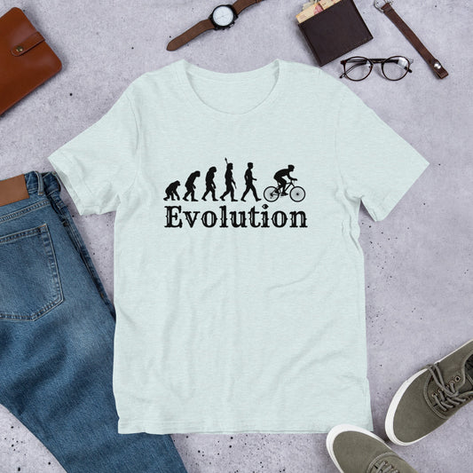 Human evolution design progressing to cyclist silhouette on premium cotton t-shirt